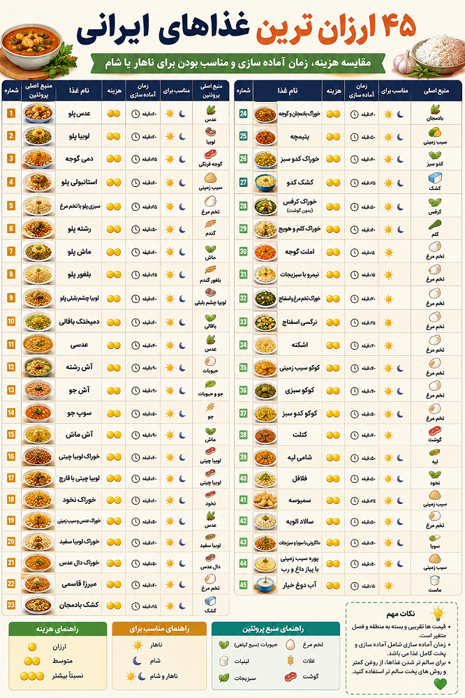 لیست انواع ارزان ترین غذای ایرانی _ غذای سالم و مقوی و اقتصادی